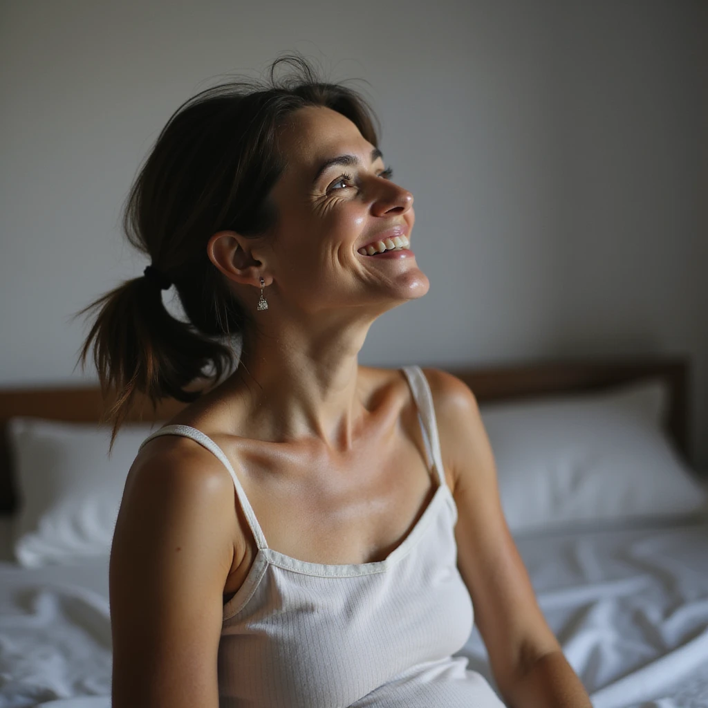 Donna giovane con PCOS che sorride e guarda verso l’alto, espressione di felicità e sollievo, ambiente domestico o clinico, dettagli iperrealistici 4K, verticale 9:16. emoji