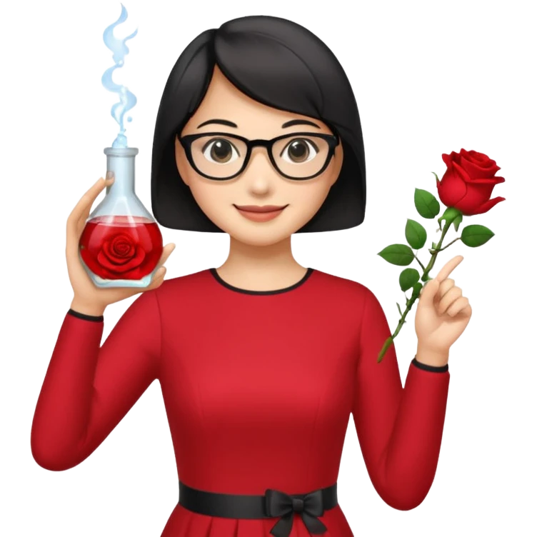 female asian chemistry teacher wearing glasses holdin a flask pointing right with straight short hair to her shoulders wearing a red dress with roses on it and black hair and make the glasses more retangle and make her hold a flash with one hand and with the other point right and make her smile emoji