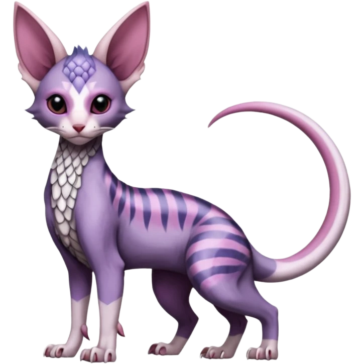 Furry, scaly, Purple, white, black, Minccino-Sphynx-Lykoi-Linoone-Zangoose-fusion-hybrid-animal-Fakémon-creature, full body, thin long sleek scaly tail, intricate markings emoji