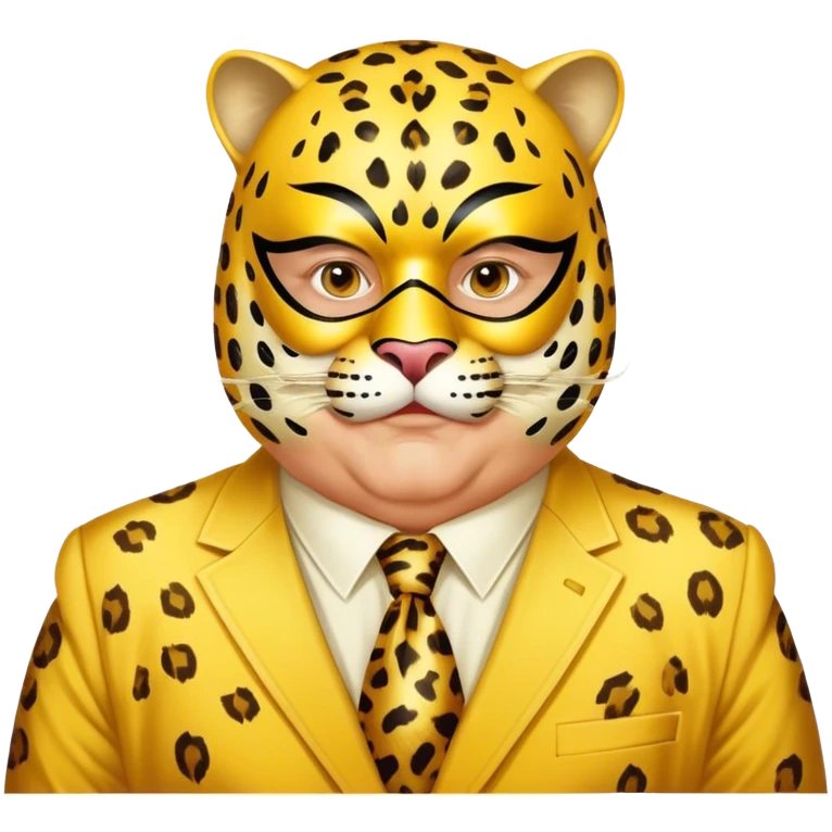 a fat old man, with a yellow suit,  wear half-face golden Leopard masquerade mask emoji
