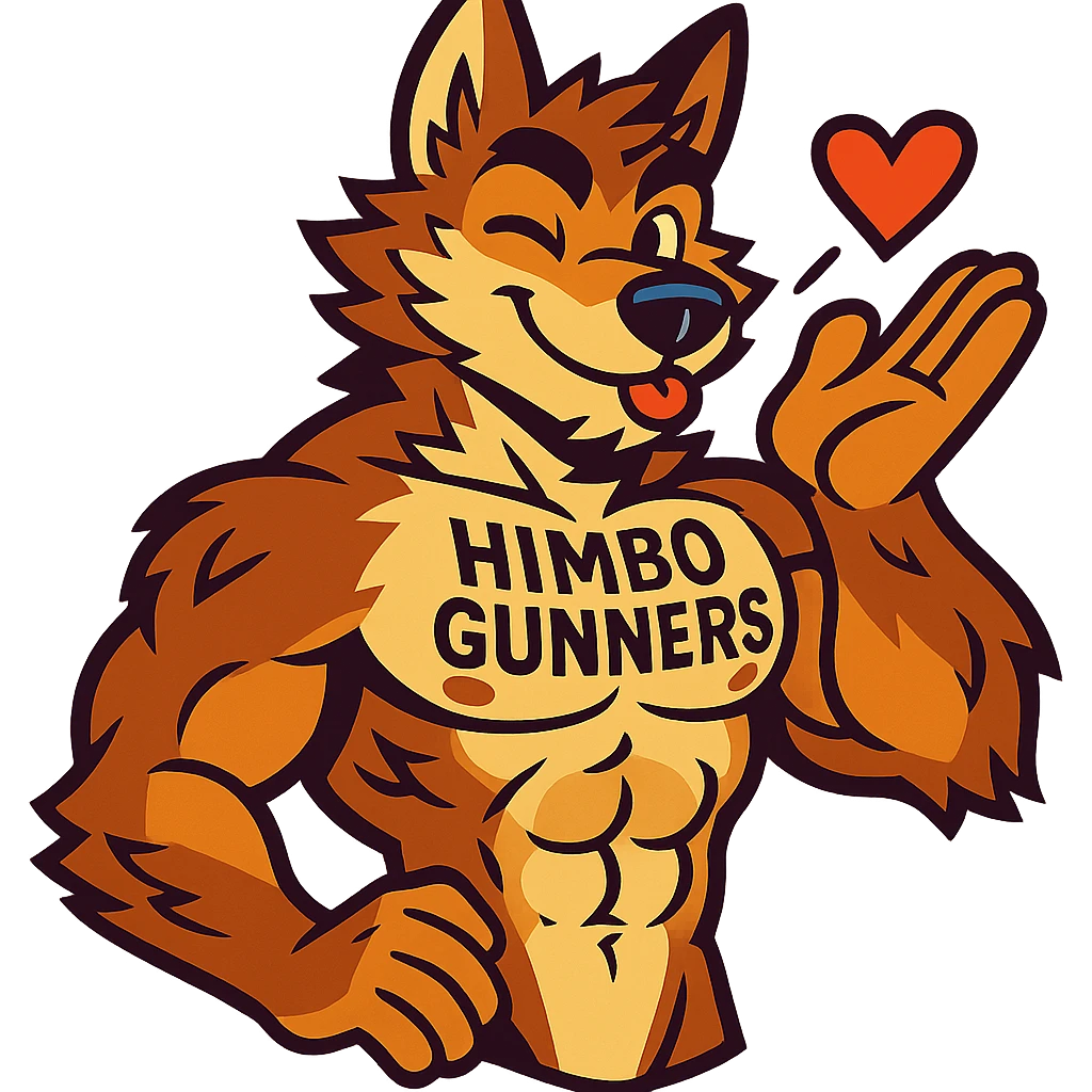 muscular wolf furry, shirtless, with 'Himbo Gunners' tattooed on his chest, blowing a kiss and winking, confident and fun, intricate fur and anatomy, ultra high quality emoji