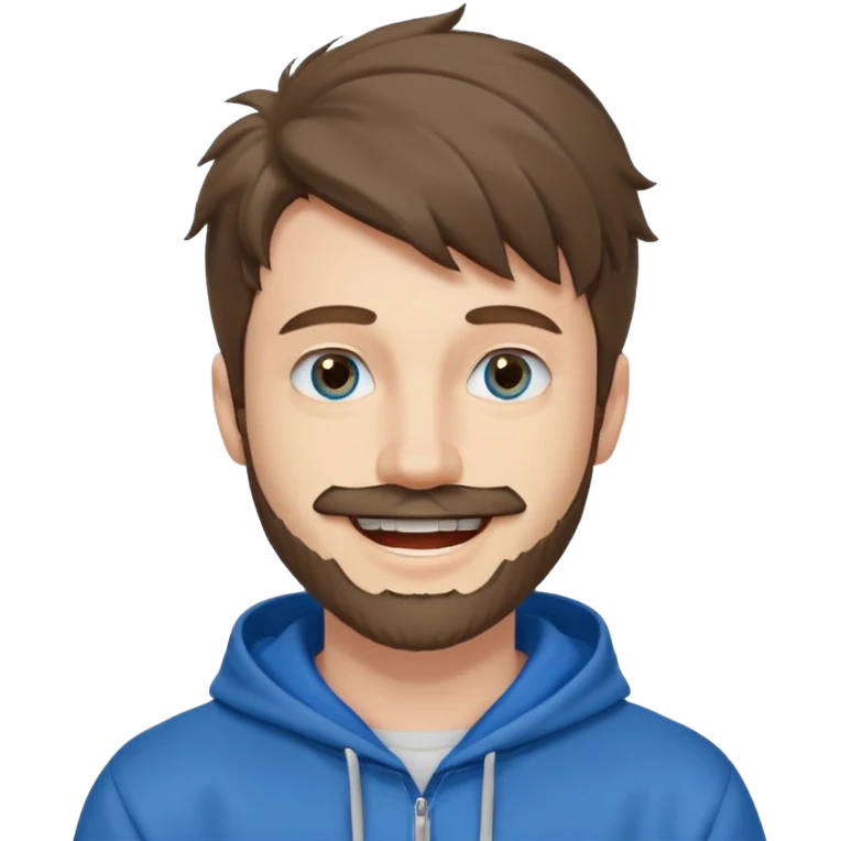 25 year old man, short scruffy beard and thin moustache, brown puffy mullet, blue eyes, big smile, white teeth, big lips, pronounced jaw, hair longer in back, sticking up on top, thin face, grey hooded sweatshirt, pale skin, big smile, blue eyes emoji