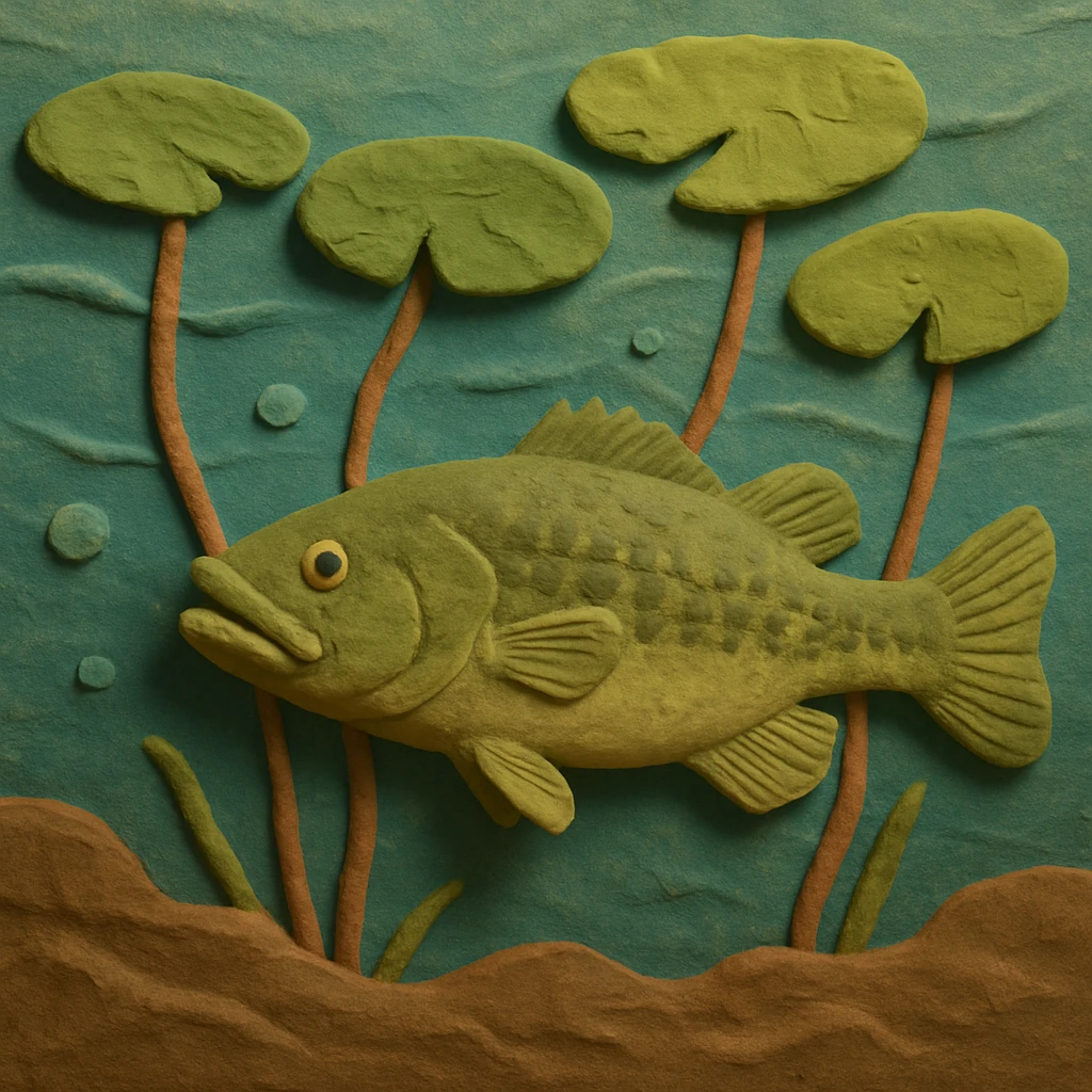 underwater scene with a bass and lily pads, soft lighting, textured look, claymation style emoji