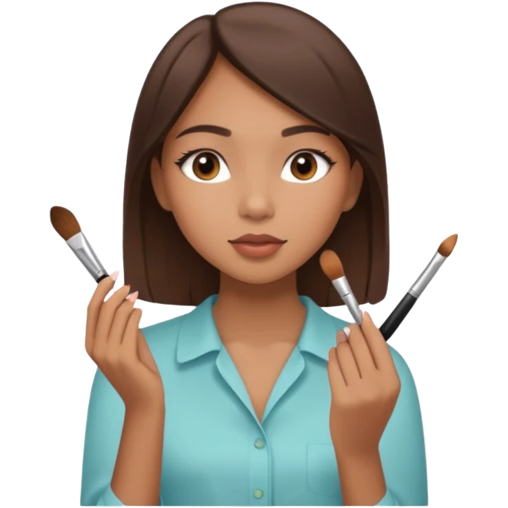 Draw a mixed-race girl applying makeup, wearing a clean girl blouse and with straight brown hair far away  emoji