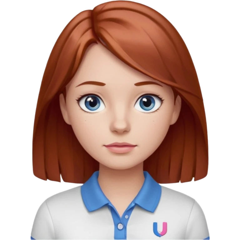 Create emojis of a girl with light brown / dark red hair slightly wavy below the shoulder. Her eyes are gray-blue, her nose is small and straight, and her lips are pink and small. Eyes with long eyelashes. The polo shirt is white. The emoji itself is up to chest level. emoji