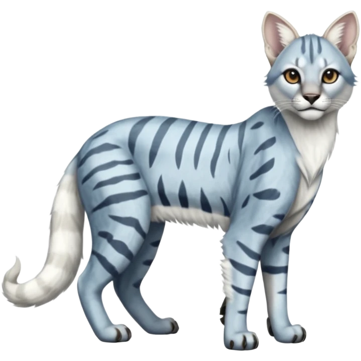 Albino white pastel Realistic patterned marked edgy bluish greyish blackish whitish silvery Shiny Colorful Dusky Dark Glossy Genet-Caracal-Lion-Bobcat-fusion-animal-hybrid-creature, full body, tufted ears, long thin tufted tail emoji