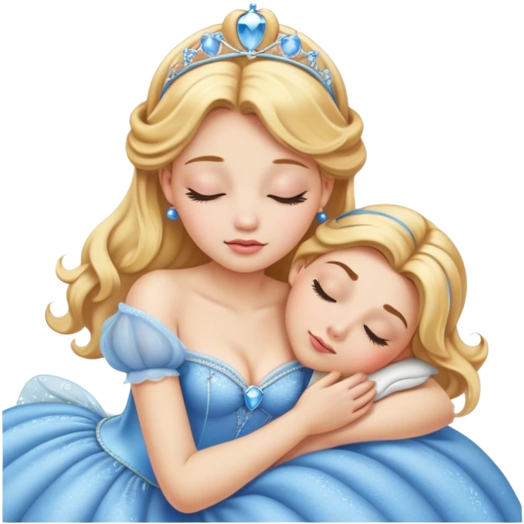 Cinematic Realistic Sleeping Cinderella Portrait, portrayed with exceptional realism: her luminous porcelain skin and exquisitely detailed golden-blonde hair lie softly under the gentle caress of natural light. Her eyes are peacefully closed in a serene, dreamlike slumber, and every fold and shimmer of her iconic ball gown is rendered with painstaking detail. The overall composition radiates a quiet, enchanting glow that encapsulates the timeless, restful beauty of a princess lost in a gentle, magical dream. emoji