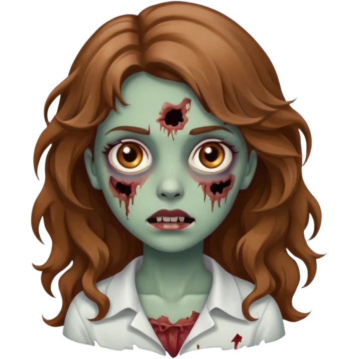 Emoji de garota zumbi bonita, cabelo ondulado castanho bem claro e olho castanho  emoji
