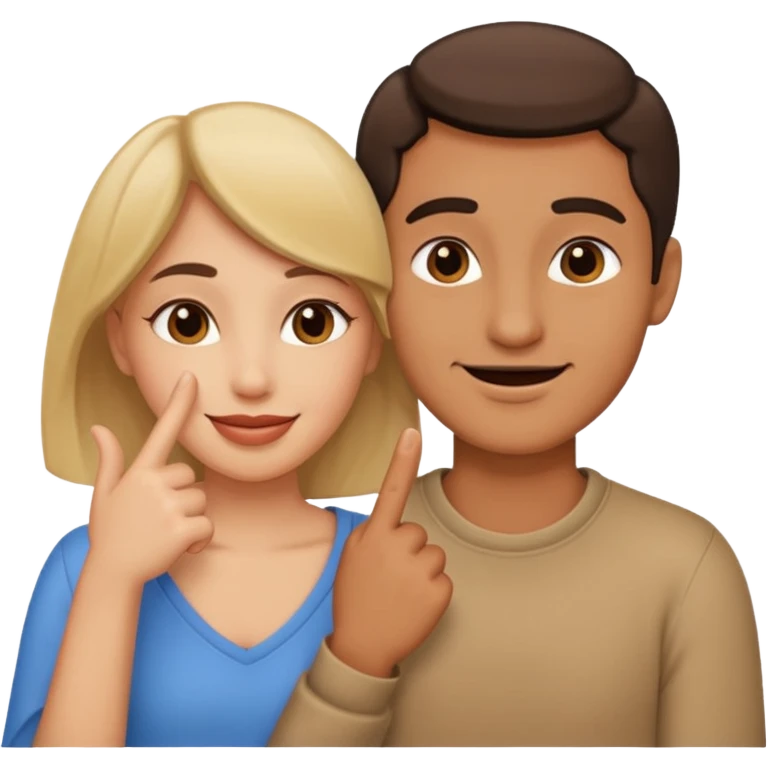 A person hugging another person with a mysterious smile and a finger to their lips emoji