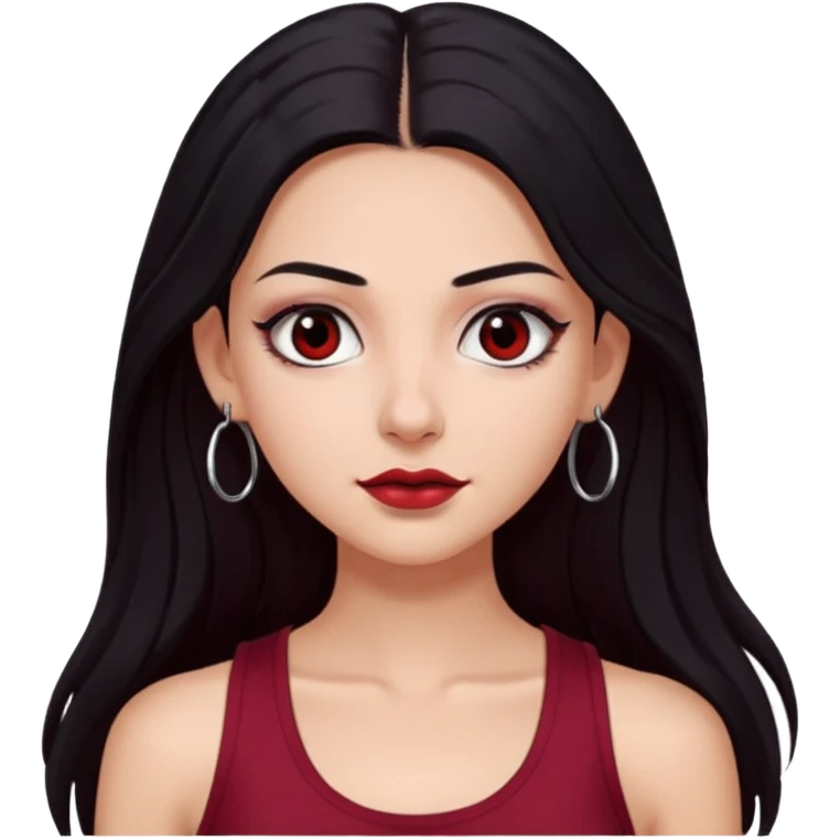 a pretty bratz fair girl with long black hair, kajal under eyes, small silver hoop. Dark cherry red tank top on. Black eyes emoji