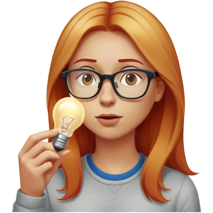 intelligent and clever, 30 year old, girl, long red and almost blond hair, glasses, has an brillant idea, rubs his nose, light bulb over the head, casual cloth  emoji