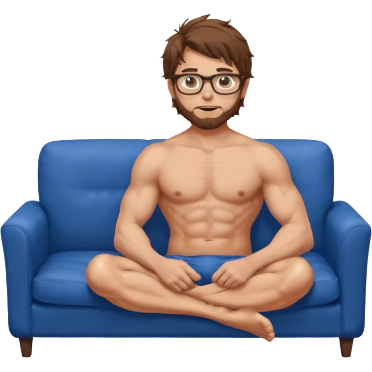 Nude white man with glasses brown messy hair sat on blue sofa. emoji