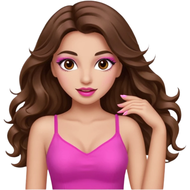 girl with long wavy brown hair, brown eyes, long lashes makeup, sexy pink lips, light to medium complexion, pink sexy top, dancing emoji