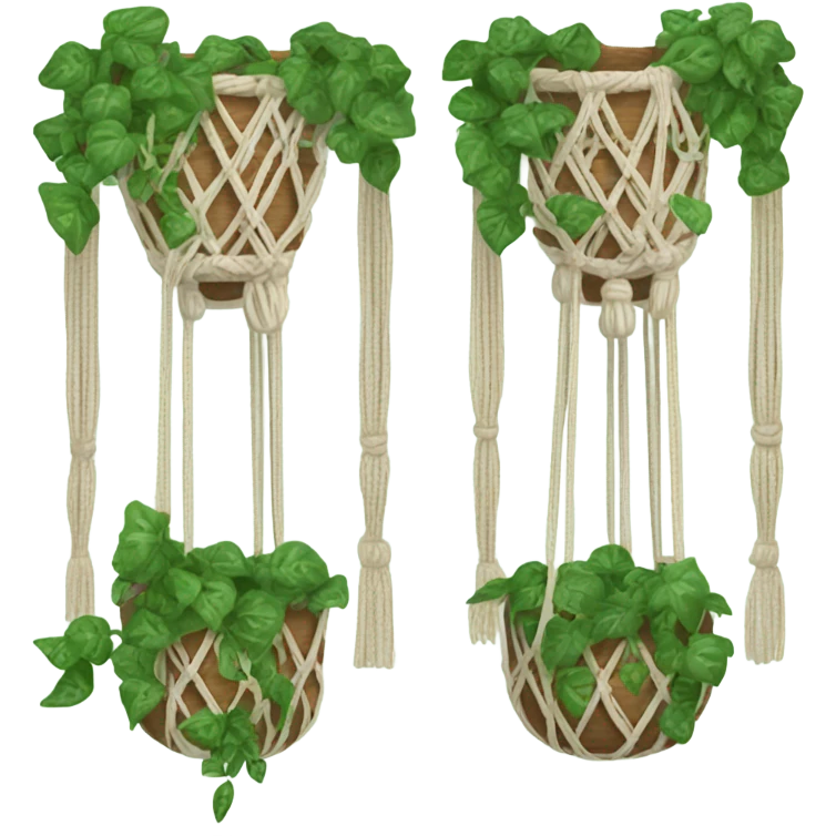 3 hanging pots in macrame plant holding with ivy in each pot  emoji