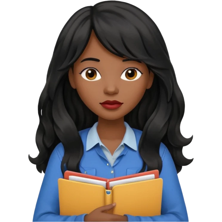 A young woman with long black hair, a wavy frange falling on half of her head. She's black, medium to dark skinned with thick lips. She's holding folders, because she's a CEO, but she's wearing casual clothes. emoji