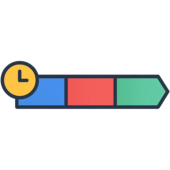 Create a small flat icon design inspired by the reference image. Represent a private equity transaction timeline as a simple, minimal icon with a horizontal bar chart consisting of three colored sections or blocks, each representing a phase. The icon should be clean, flat, and suitable for small size, with no text. emoji