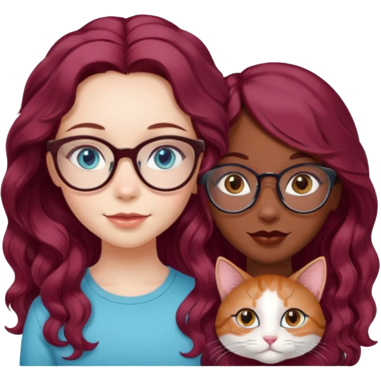 A cute fair skin girl with pale blue eyes, long wavy burgundy hair, with her cute African american female friend who has nice brown eyes and cat eye glasses, best friends forever. 8k, detailed, colorful, cutesy style emoji