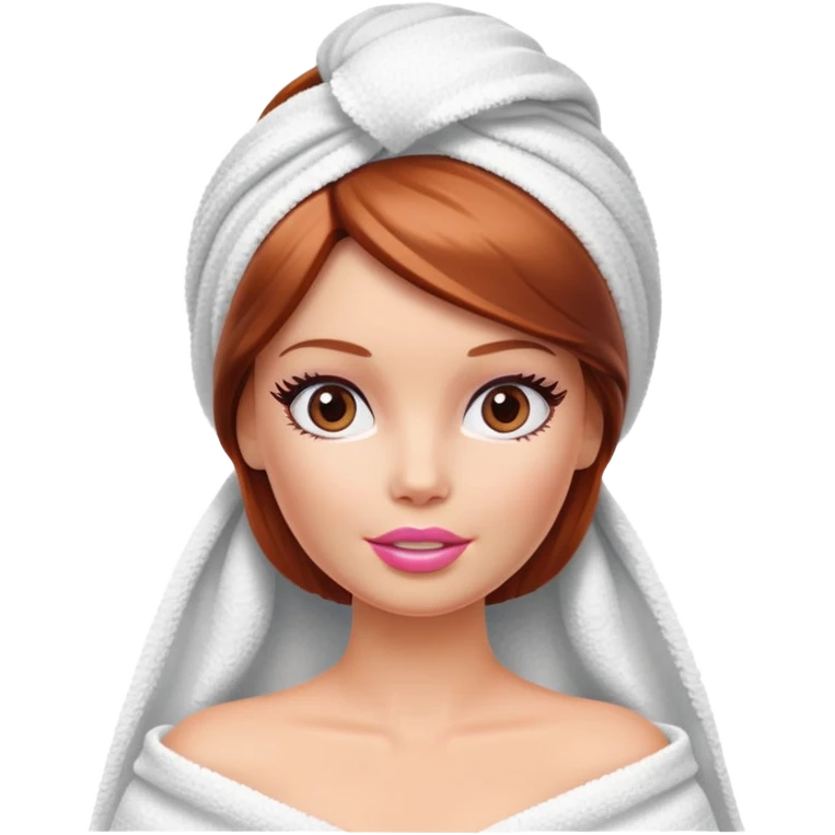 A Barbie face with shoulder-length reddish brown hair, makeup with cream on her face and a towel on her head emoji