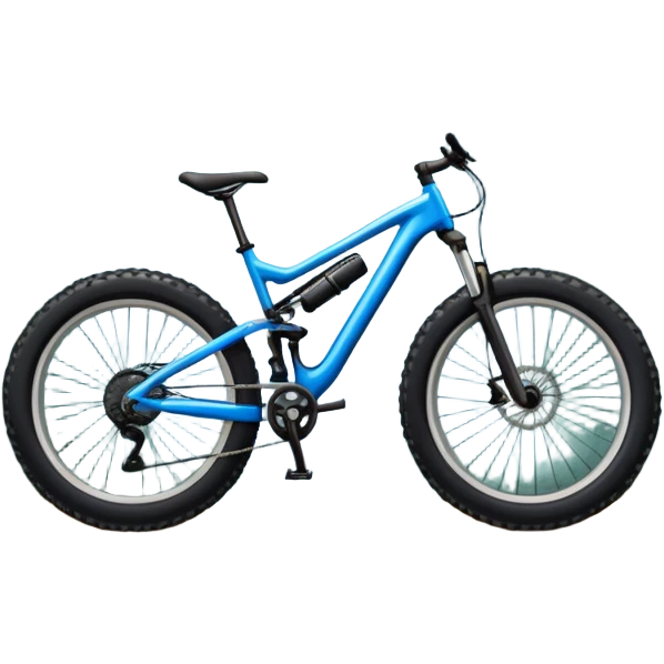 An icon featuring a mountain bike with wide tires, positioned on a forest trail or rocky mountain road. The background shows dense trees, steep slopes, and distant peaks under a clear blue sky. Transparent background highlights the thrill and rugged beauty of mountain biking. emoji