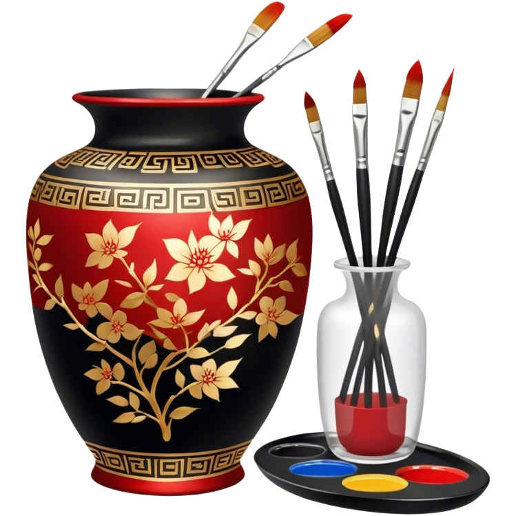 Chinese metal painting icon, delicate Chinese patterns painted on a metal vase, visible fine paintbrush, paint pots, and accessories like porcelain palette and cloth, vibrant colors like red, gold, and black, minimalistic style, clean lines, transparent background. emoji