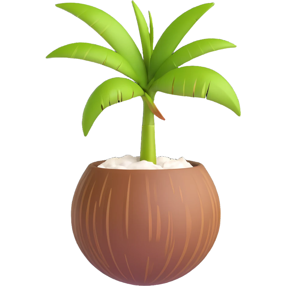 3D emoji style coconut with a small palm sprout growing from the top, simple and expressive emoji