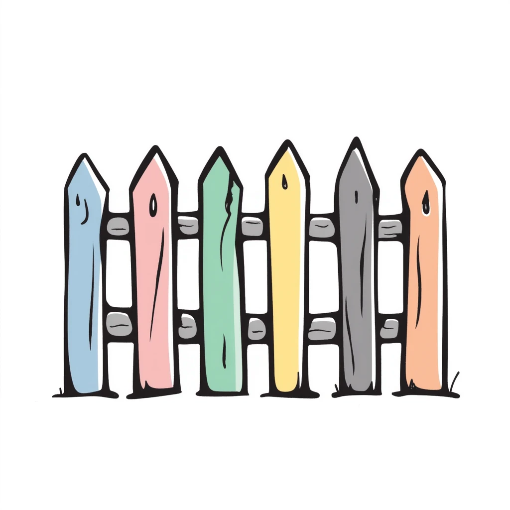 A wooden garden fence with decorative posts in pastel colors (dd9fb0, ffc6d3, a3bfc9, c4bee2, f1b091), hand-drawn doodle style emoji
