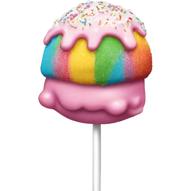 Cake pop with pink icing and rainbow sprinkles and white drizzle  emoji