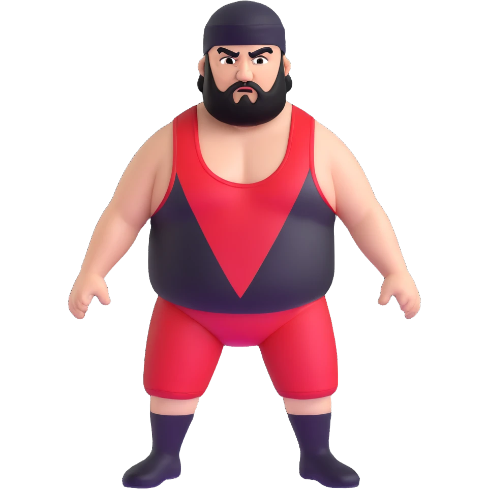 White skin fat guy with black durag, black beard, black eyes in a red and black wrestling singlet with angry face emoji