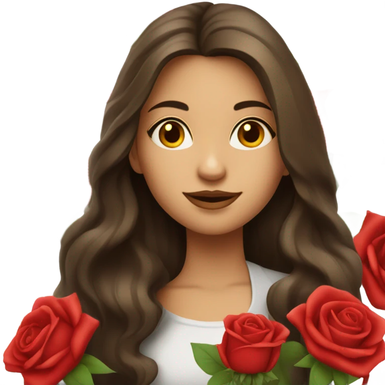 girl with beautiful long hair brunette in her hands a huge bouquet of red roses emoji