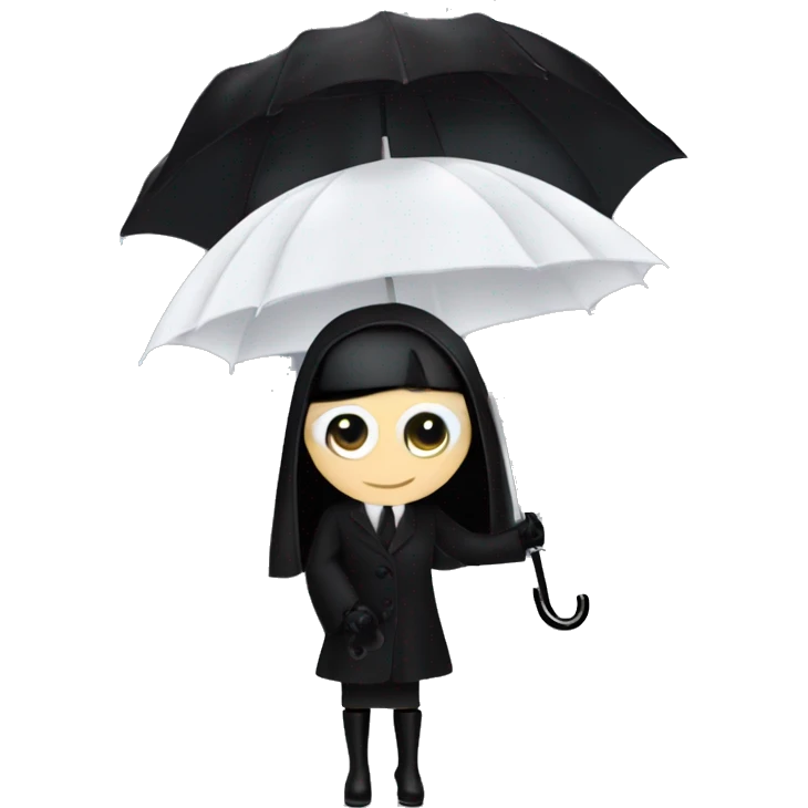 Audrey Hepburn as Morticia Addams at a rainy funeral holding a lacey umbrella. funeral veil ,gloves,purse.  emoji