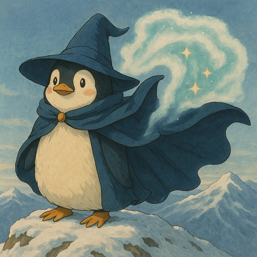 Place the ghibli style penguin wizard on top of a snowy mountain, keep the magical aura and flowing cape, match original lighting and mood emoji