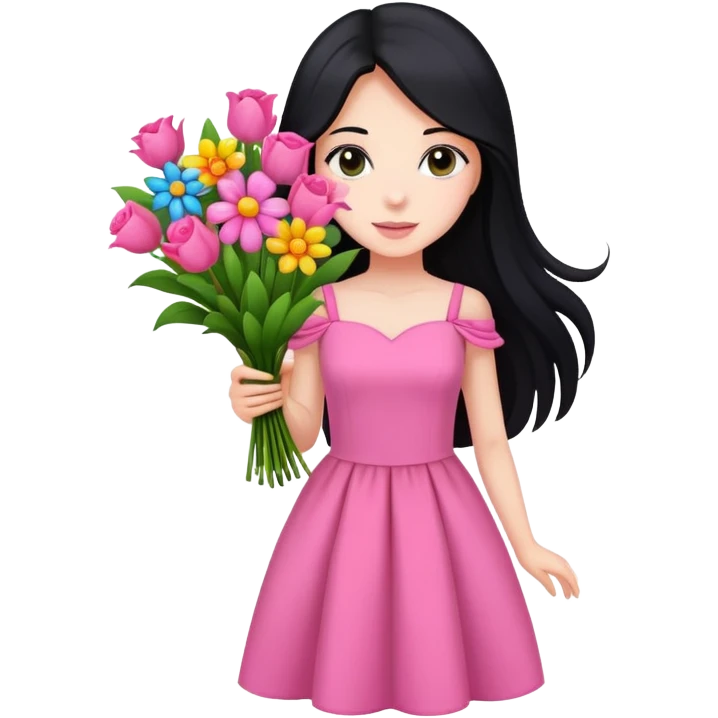 beautiful girl with long black hair, fair skin, wearing pink dress holding a colorful bouquet of flowers emoji