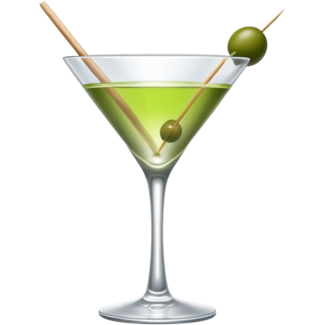 empty martini glass with just a hint of colorless liquid, showing mostly glass with very minimal liquid representation, single green olive on toothpick emoji