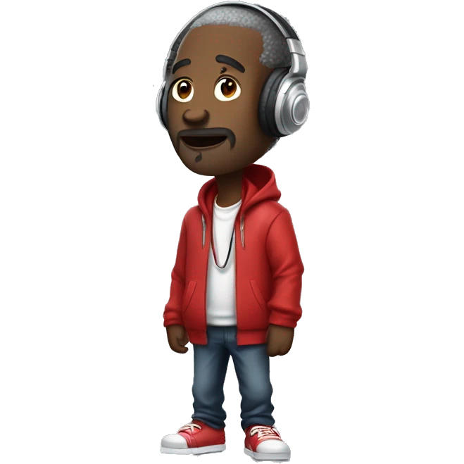 Old black rapper Dressed in a red jacket with silver headphones, mic in hand, he glances to the side with a slight smile. His posture is relaxed but ready, embodying a cool, rhythmic vibe. emoji