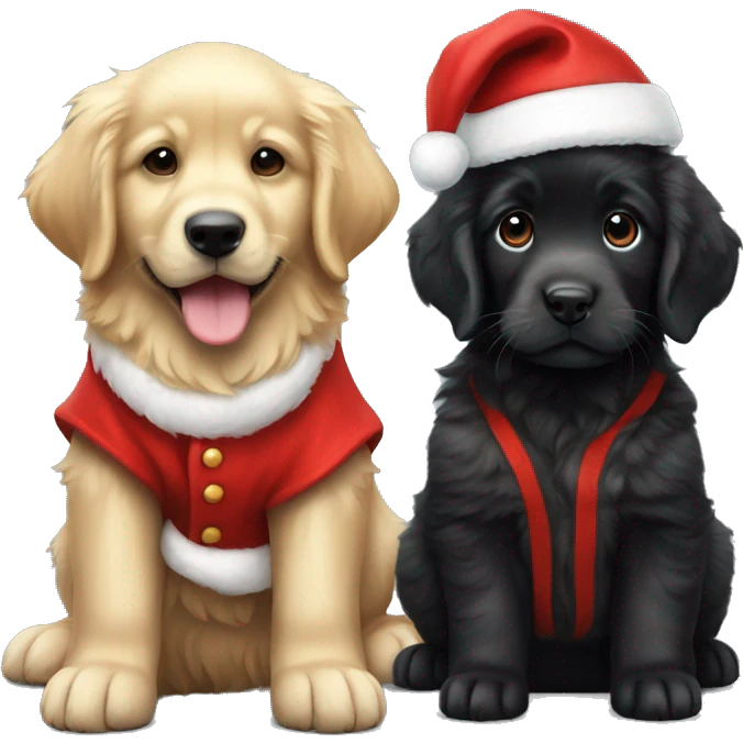 solid black fluffy puppy wearing red vest with white golden retriever puppy wearing a santa hat emoji