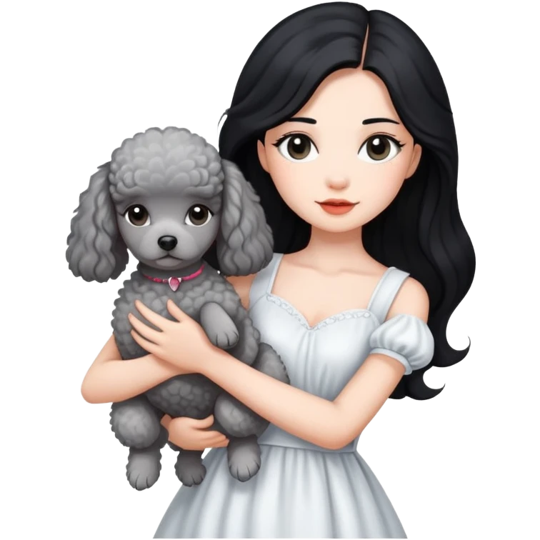 beautiful girl with long black hair in a white dress holding a small gray poodle emoji