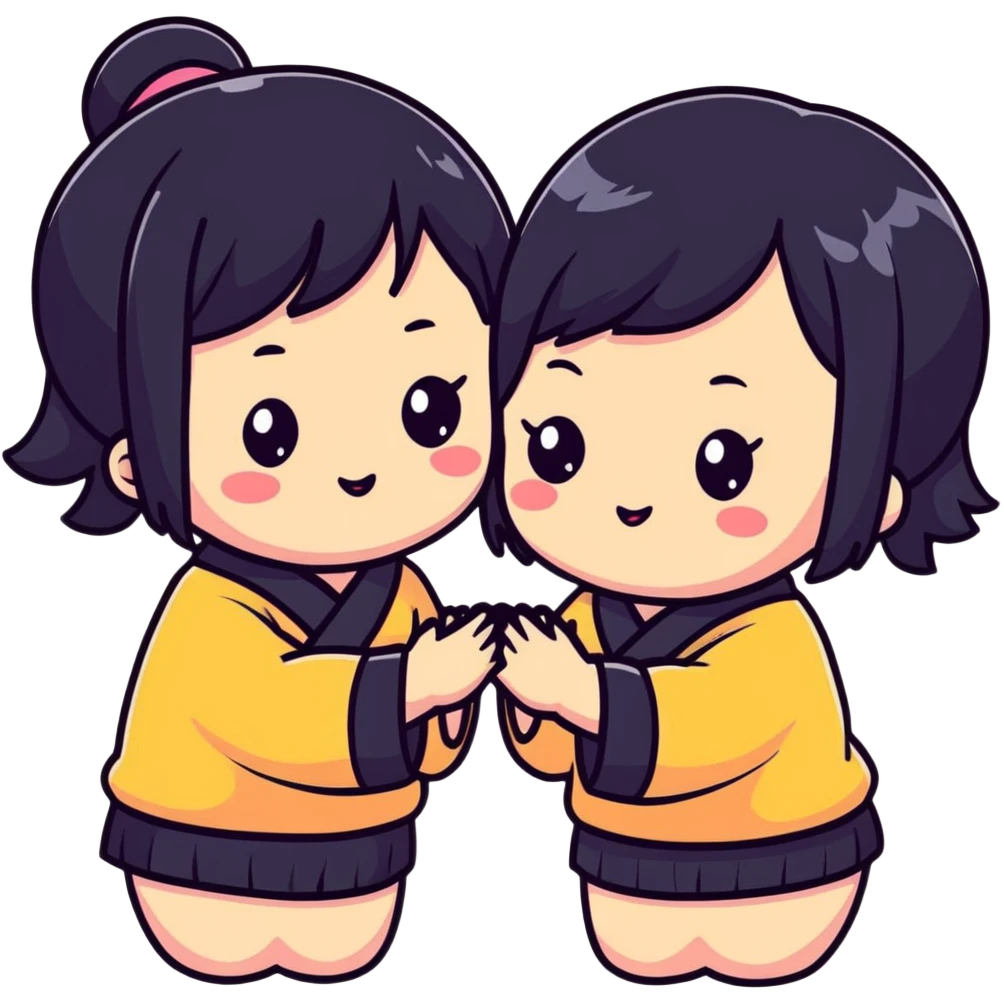Two adorable Japanese girls with black hair and Asian features, their cheeks touching, kawaii style emoji