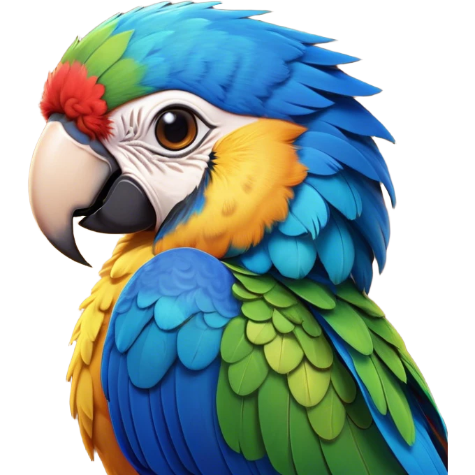 Cinematic Cute Macaw Portrait Emoji, Head tilted playfully and inquisitively, with a dazzling array of colorful plumage and round, sparkling eyes filled with charm, Simplified yet irresistibly adorable features, highly detailed, glowing with a warm, friendly tropical glow, high shine, affectionate and lively, stylized with a touch of whimsical vibrancy, bright and endearing, soft glowing outline, capturing the essence of a mischievous yet loving parrot that seems as if it could flutter out of the screen into your arms! emoji
