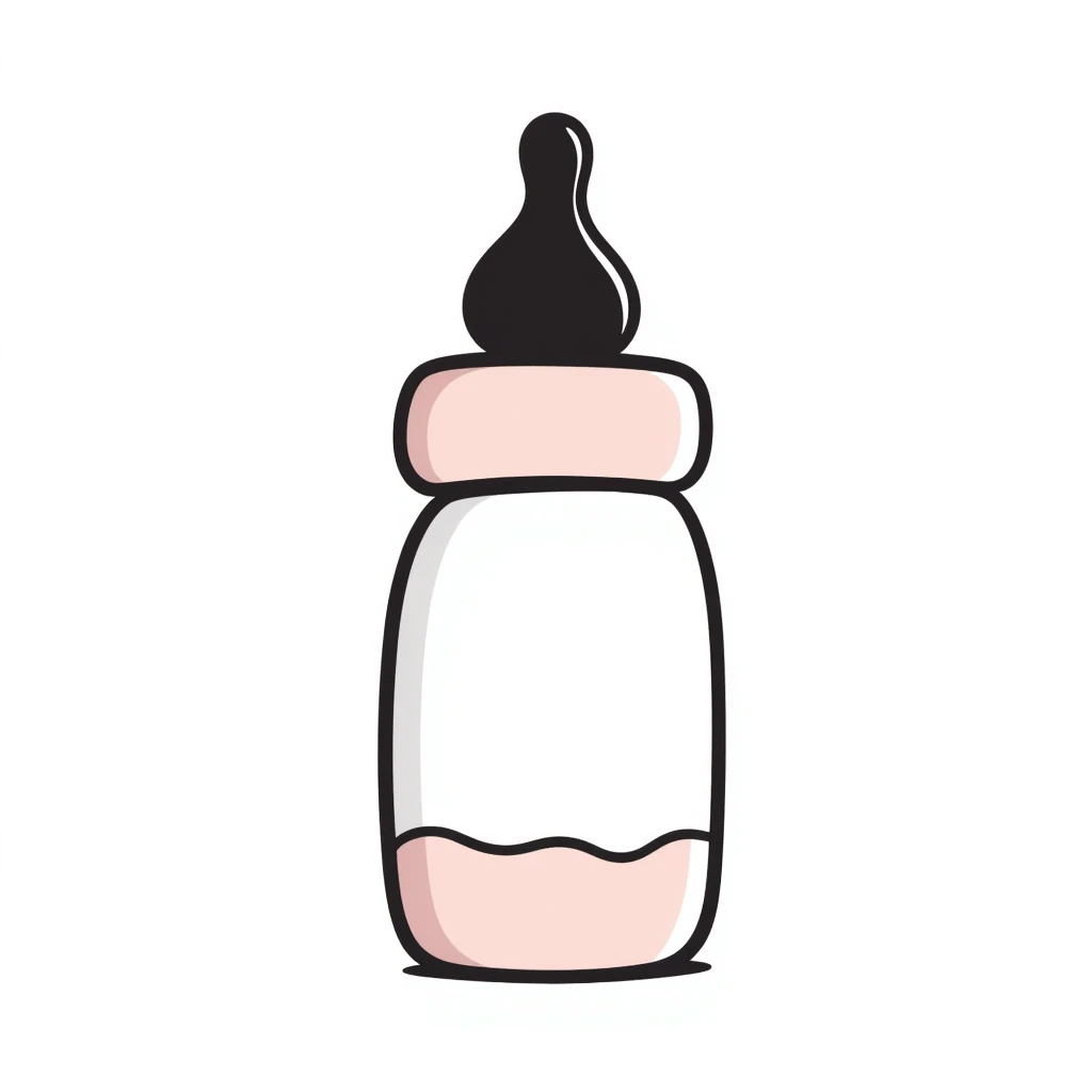 a baby bottle with a cap and nipple, pastel colors dd9fb0, ffc6d3, a3bfc9, c4bee2, f1b091, detailed hand-drawn doodle style emoji