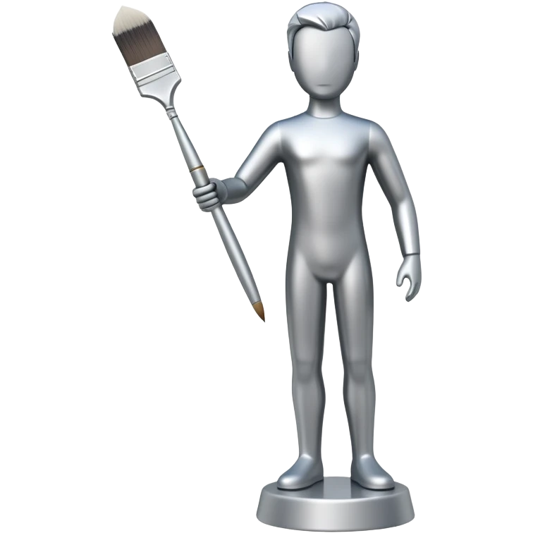 A paintbrush that transforms into a human metal silver silhouette sculpture, symbol of artistic identity, with a polished silver metallic finish emoji
