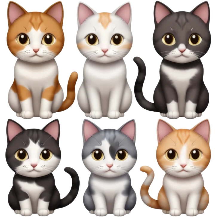 5 different coloured short haired cats including; a dark brown and white cat, and a dark grey and white, and a calico emoji