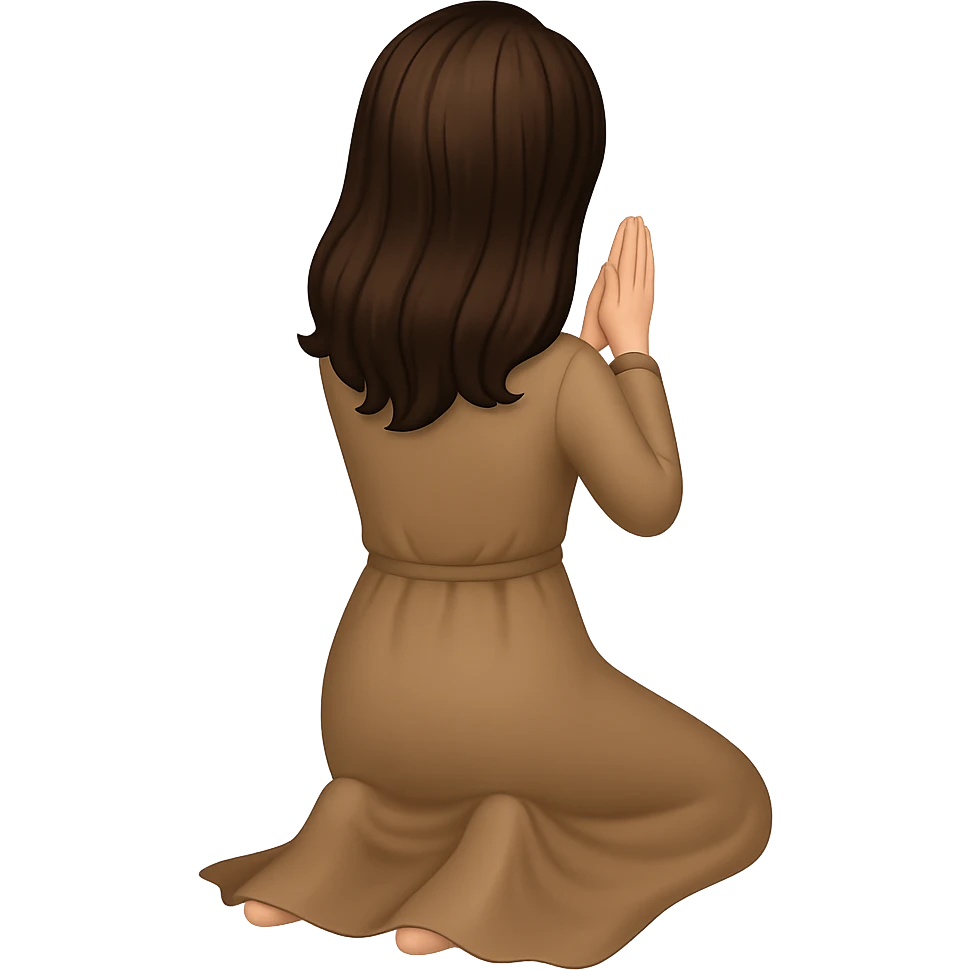 Create a fourth variation of a woman kneeling and praying from the back view, wearing a long tan dress, with dark brown hair, in emoji style, matching the same body figure as the reference image, with no background. emoji