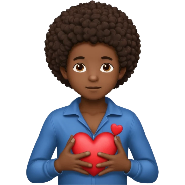 I want a black boy with chocolate skin and a small messy afro holding a heart close to his chest with his hands over the heart as if to present it to someone he loves. I want the name “Aja” on the heart. emoji
