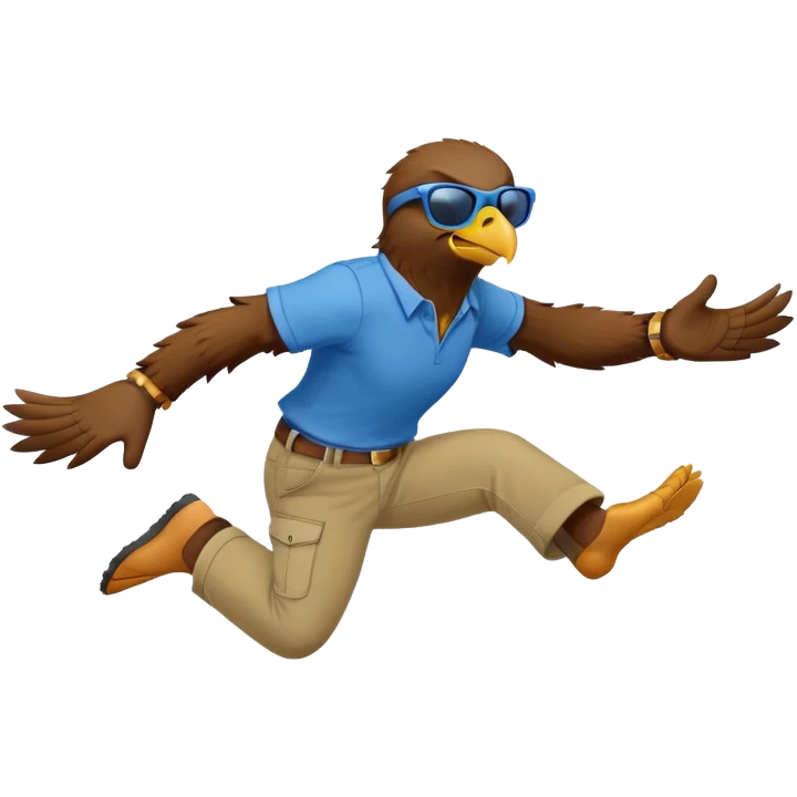 friendly anthropomorphised male eagle in a shirt and pants jumping wearing sunglasses emoji