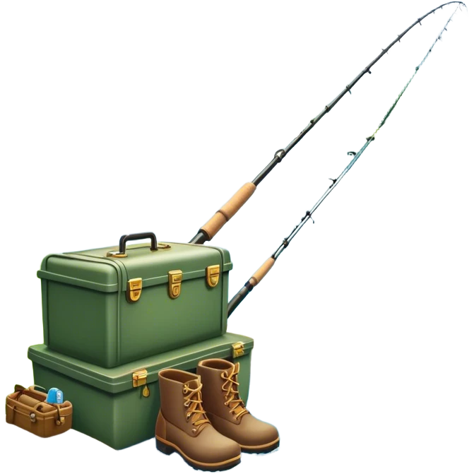 Icon for Fishing Travel: a fishing rod, tackle box, boots, and a boat by a serene lake, with fish jumping out of the water and surrounded by lush nature. The icon should capture the peaceful and adventurous spirit of fishing trips. Transparent background. emoji