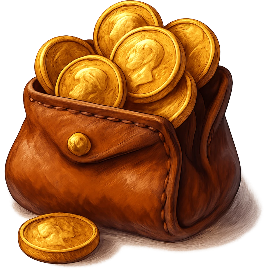 В cлегка рисованной, но при этом объемной и яркой стилистике сгенерируй картинку кожаного кошелька, из которого торчат фотореалистичные золотые монеты. Они должны выглядеть не как пластмассовые, а как настоящее золото. Прозрачный фон emoji