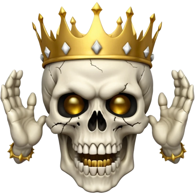 Demonic 3D skull holding its head by its two hand in shock, mouth open, wearing a golden crown, horror vibe emoji