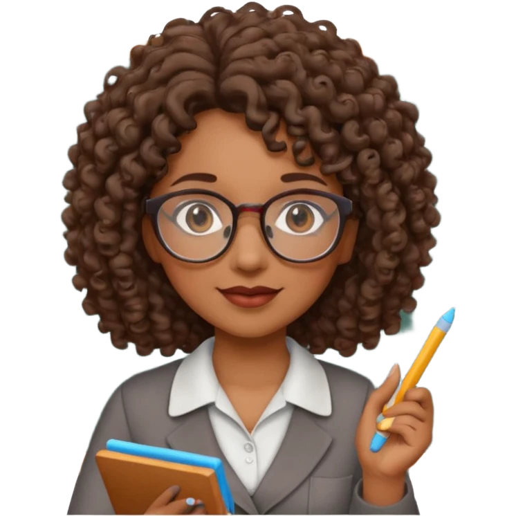 woman teacher, brown skin, curly hair, old, wearing glasses, hold chalk on hand emoji