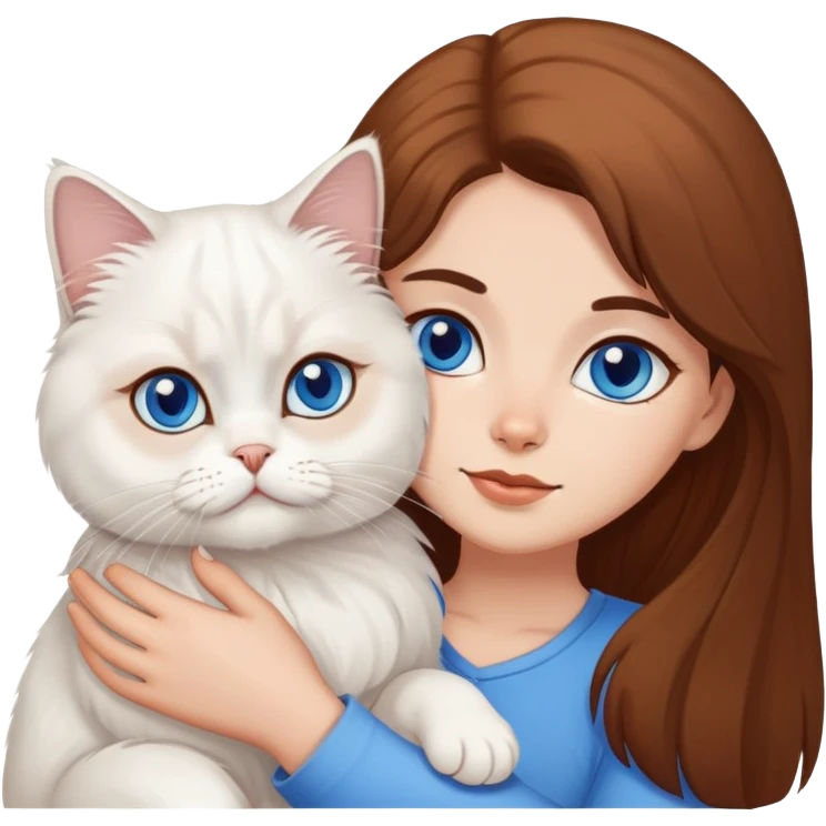White persian cat with blue eyes cuddling brown long hair with brown eyes girl emoji