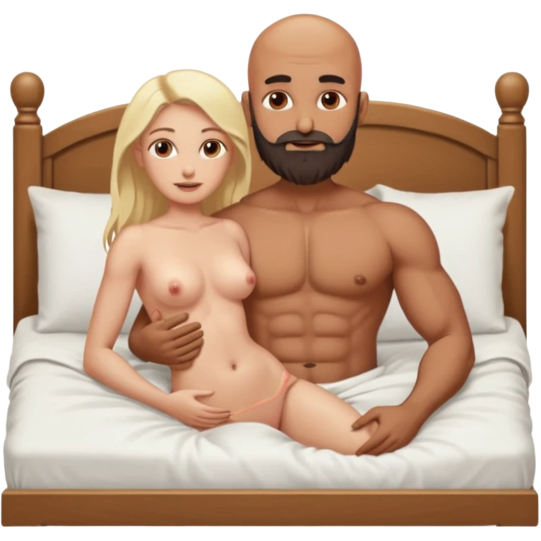 Fully Naked Indian bald man with a beard in bed holding vagina of naked blonde fit woman emoji